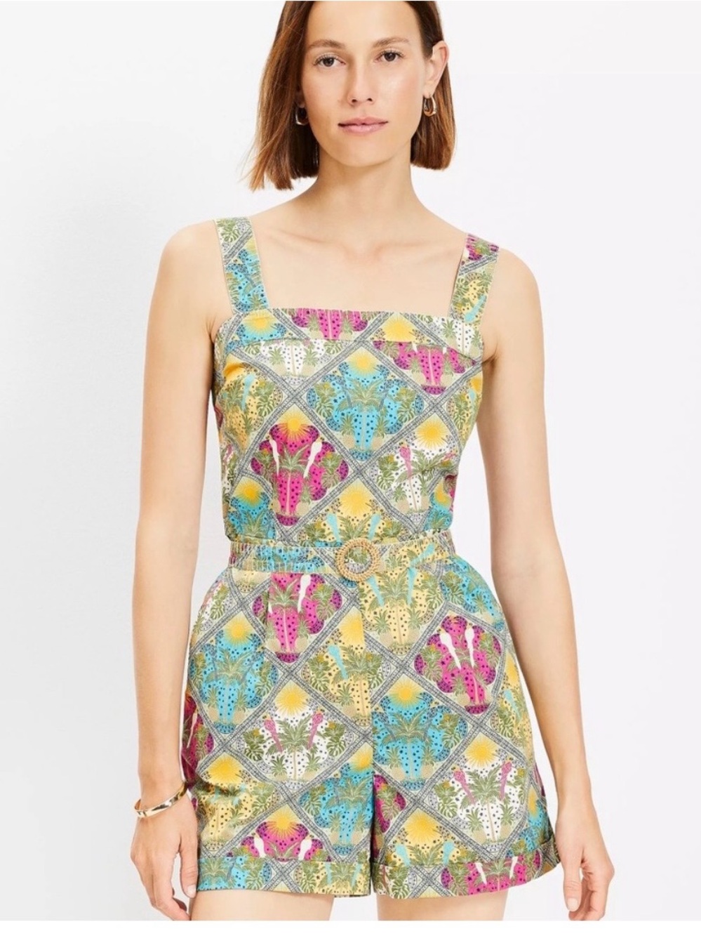 LOFT Tropical Print Romper Size 10 Belted Palm Resort Vacation NWOT